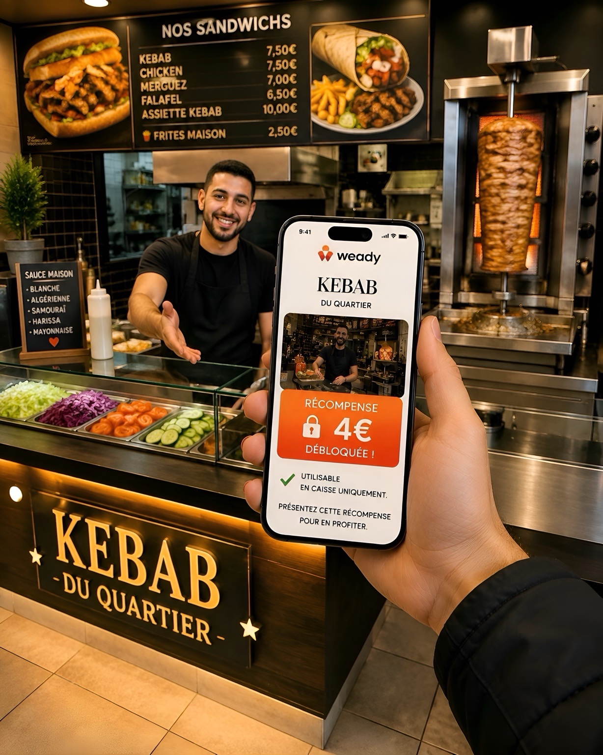 Récompense Weady chez un kebab de quartier