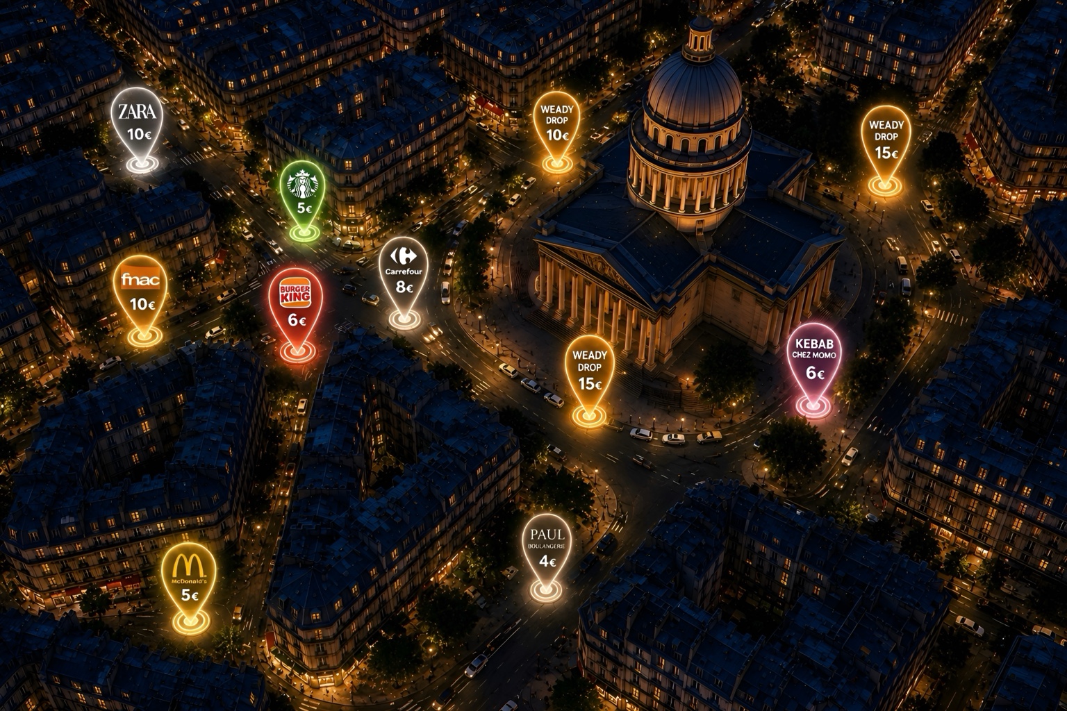 Carte nocturne de Paris avec des récompenses Weady géolocalisées